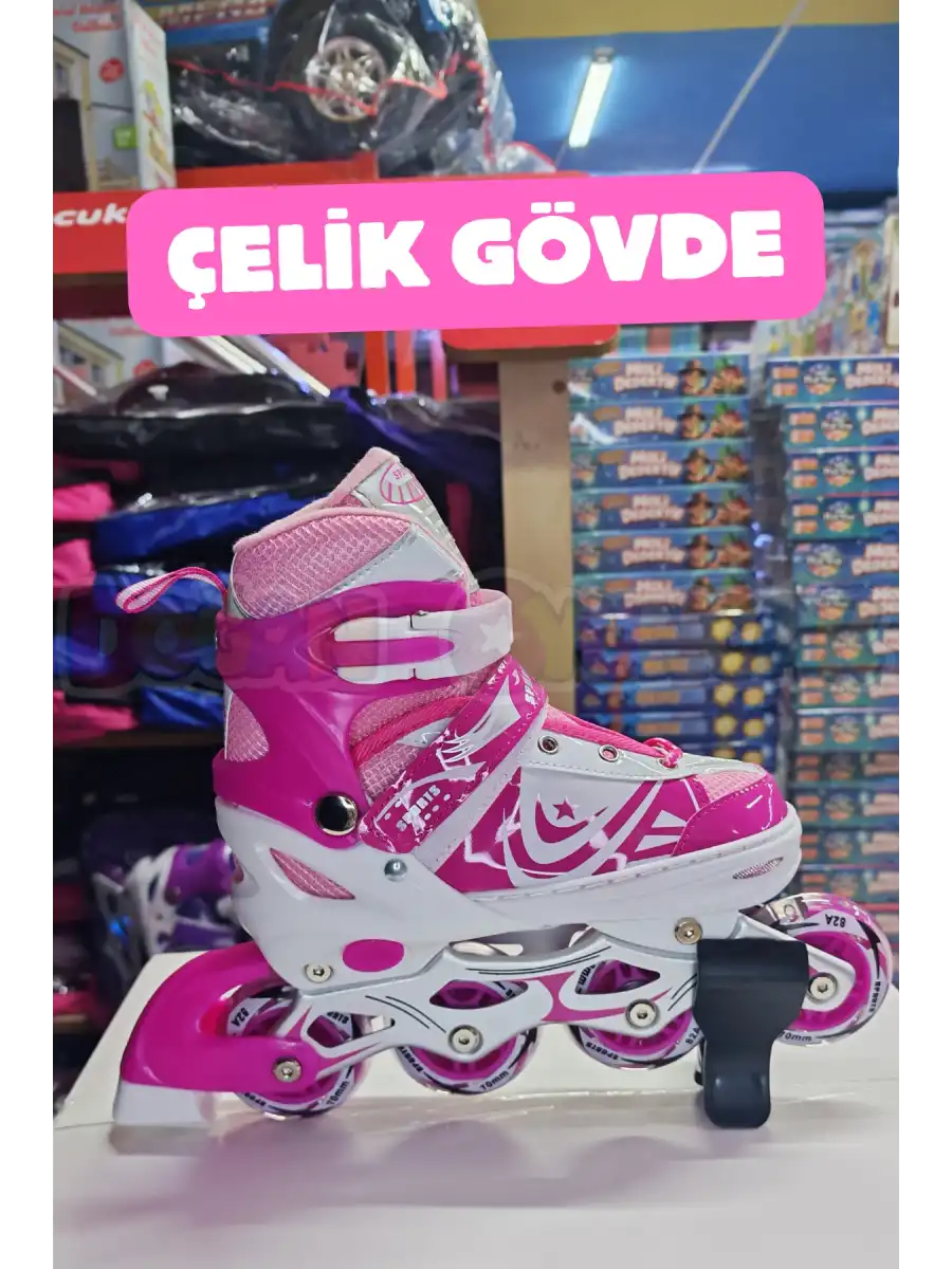 Slikon Tekerli Pembe Paten 31-34 Numara - Silikon Tekerli Paten Alıştırma Pateni - Silikon Tekerlekli