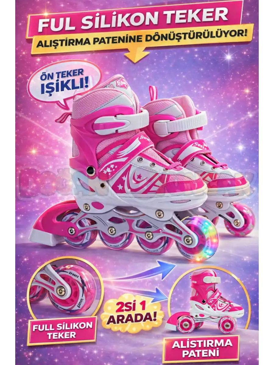 Slikon Tekerli Pembe Paten 31-34 Numara - Silikon Tekerli Paten Alıştırma Pateni - Silikon Tekerlekli