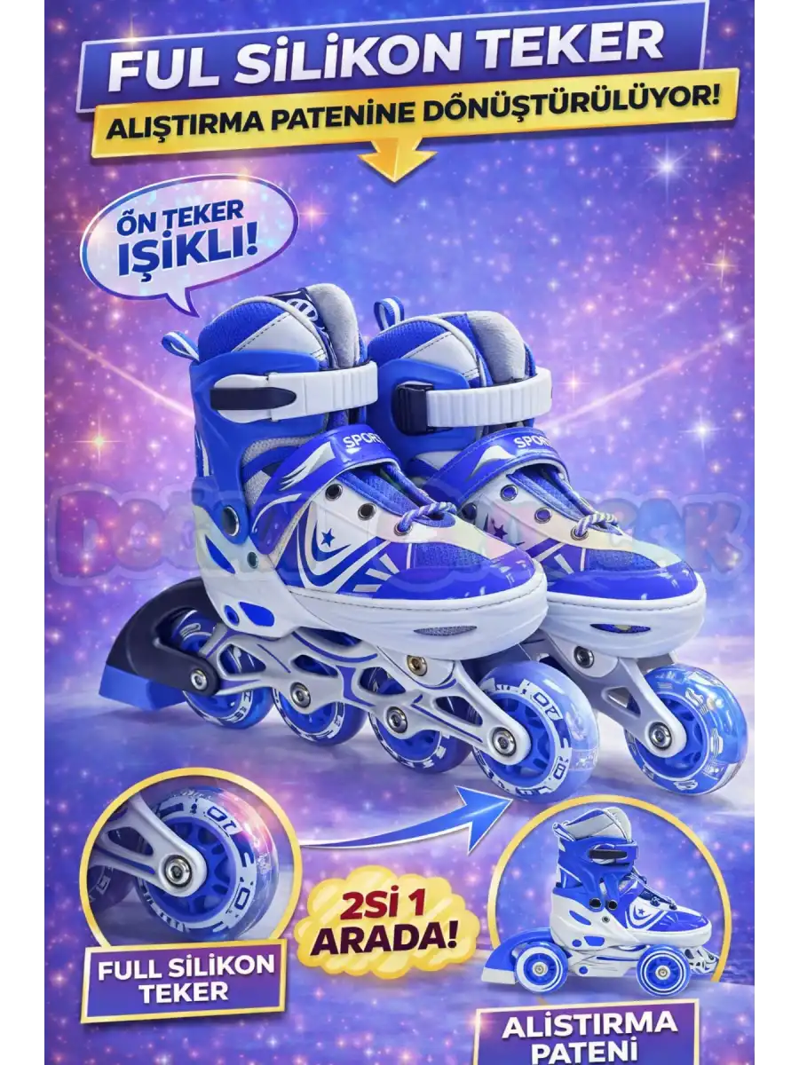 Slikon Tekerli Mavi Paten 31-34 Numara - Silikon Tekerli Paten Alıştırma Pateni - Silikon Tekerlekli