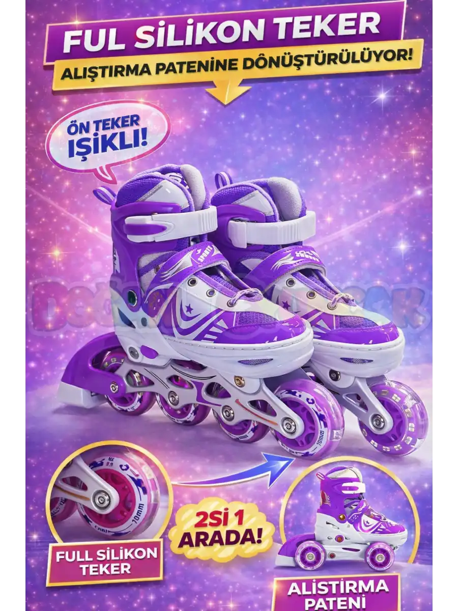Slikon Tekerli Mor Paten 31-34 Numara - Silikon Tekerli Paten Alıştırma Pateni - Silikon Tekerlekli