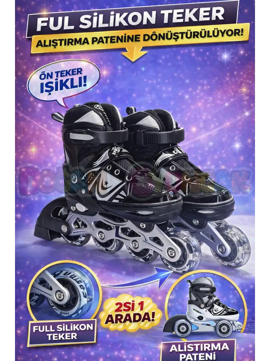 Slikon Tekerli Siyah Paten 31-34 Numara - Silikon Tekerli Paten Alıştırma Pateni - Silikon Tekerlekli