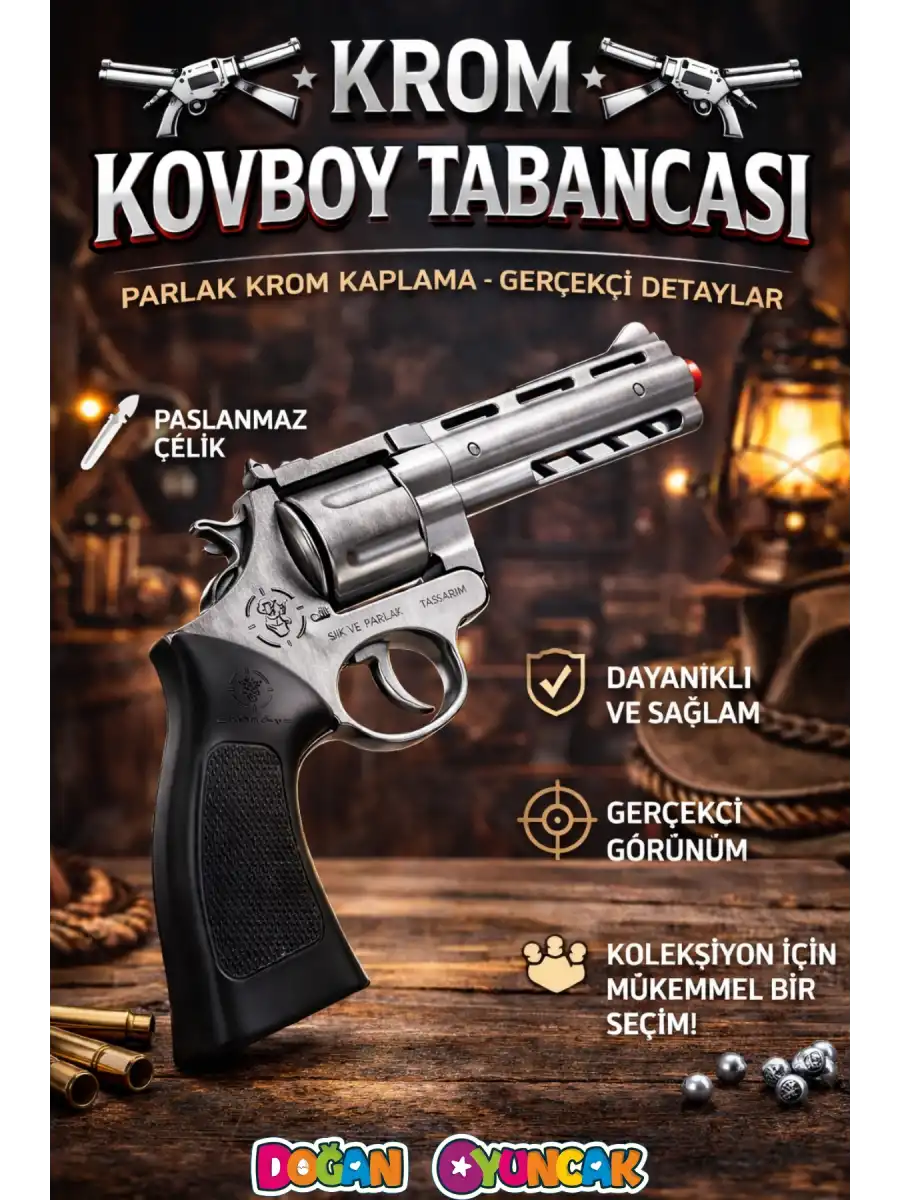 Mantar Patlatan Metal Krom Kovboy Tabancası - Metal Kovboy Silahı Çelik Mantar Silahı