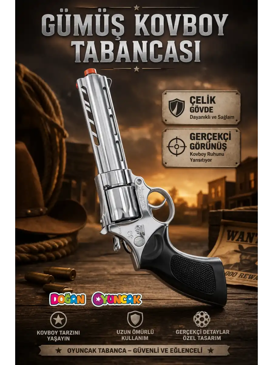 Mantar Patlatan Metal Gümüş Kovboy Tabancası - Metal Kovboy Silahı Çelik Mantar Silahı