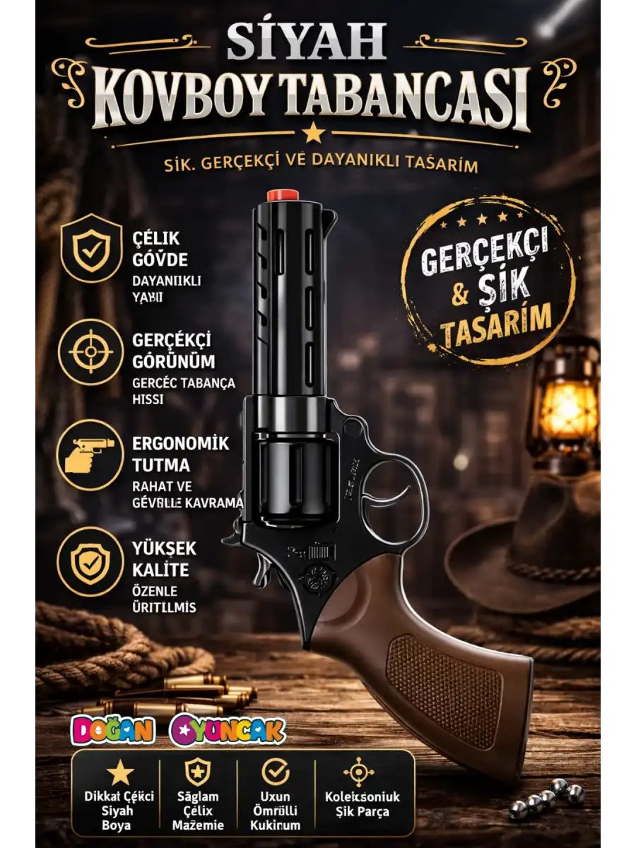 Mantar Patlatan Metal Siyah Kovboy Tabancası - Metal Kovboy Silahı Çelik Mantar Silahı