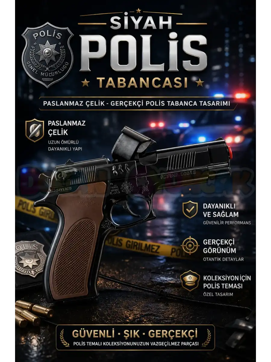 Mantar Patlatan Metal Siyah Polis Tabancası - Metal Polis Silahı Çelik Mantar Silahı
