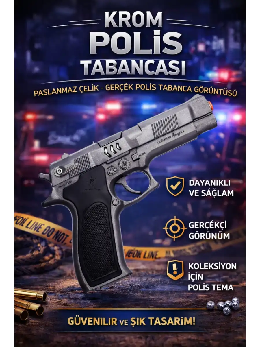 Mantar Patlatan Metal Krom Polis Tabancası - Metal Polis Silahı Çelik Mantar Silahı