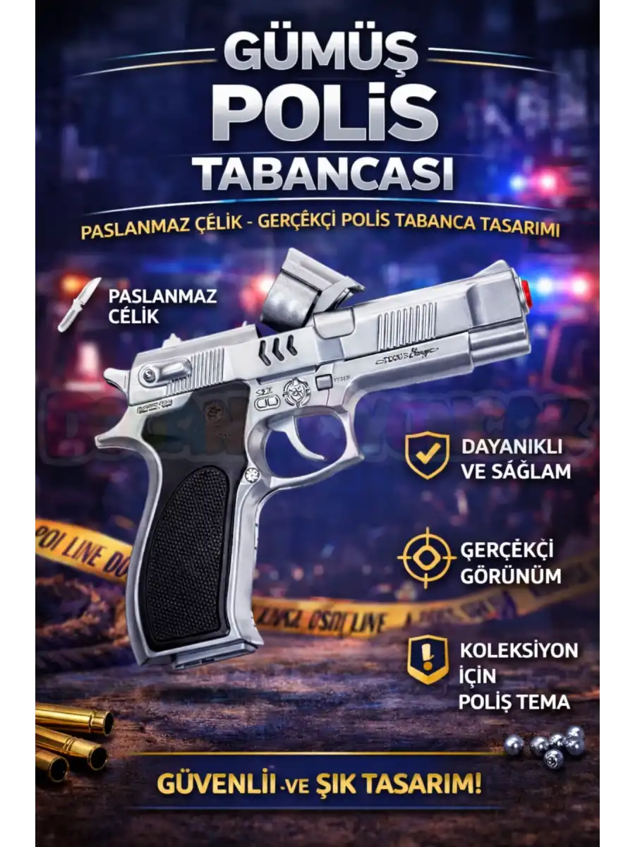 Mantar Patlatan Metal Gümüş Polis Tabancası - Metal Polis Silahı Çelik Mantar Silahı