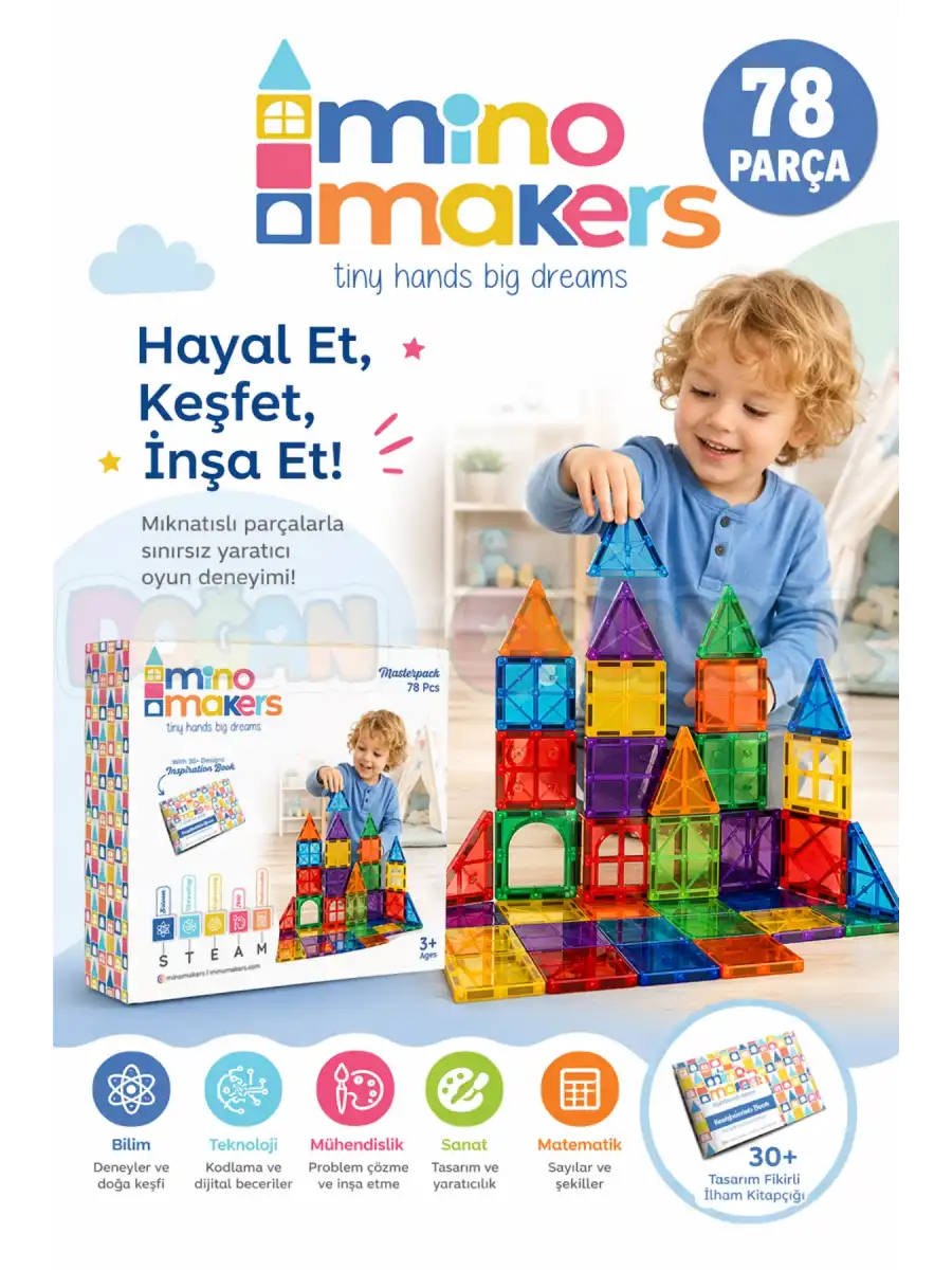 Manyetik Yapı Blokları 78 Parça - Çocuklar İçin 3 Boyutlu Renkli Mınatıslı Manyetik Blok