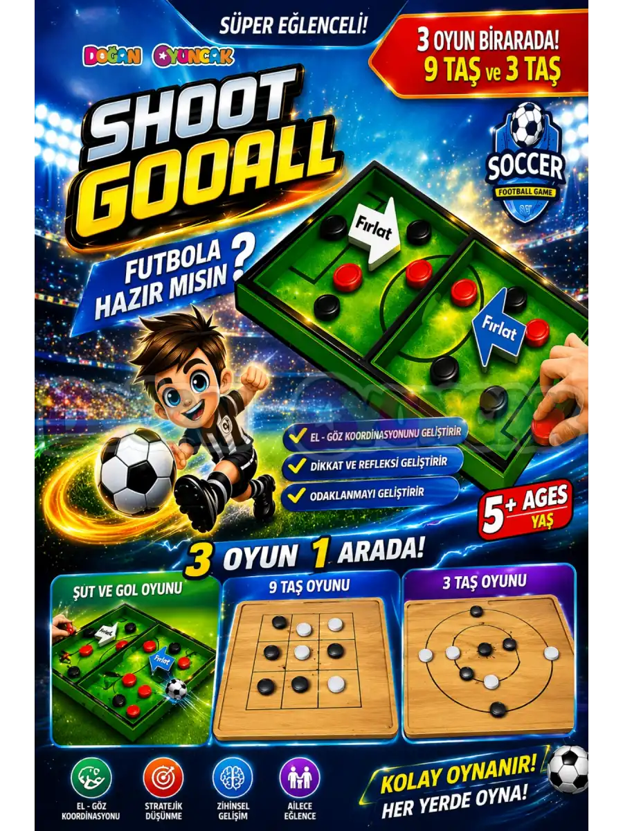 Ahşap Şut ve Gol Oyunu + 9 Taş ve 3 Taş Oyunu - Shoot Gool Oyunu - Fast Finger Oyunu