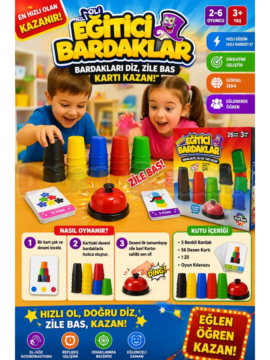 Eğitici Bardaklar Oyunu - Akıl ve Zeka Oyunu - Hızlı Bardaklar Oyunu - Moli Pratik Bardaklar Oyunu