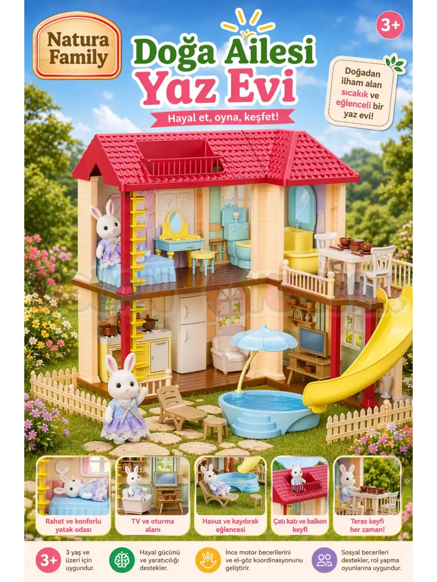 Doğa Ailesi Yaz Evi Havuzlu Oyuncak Ev - Tavşan Ailesi Oyun Evi Tavşan Tatil Evi Sylvanian Evi