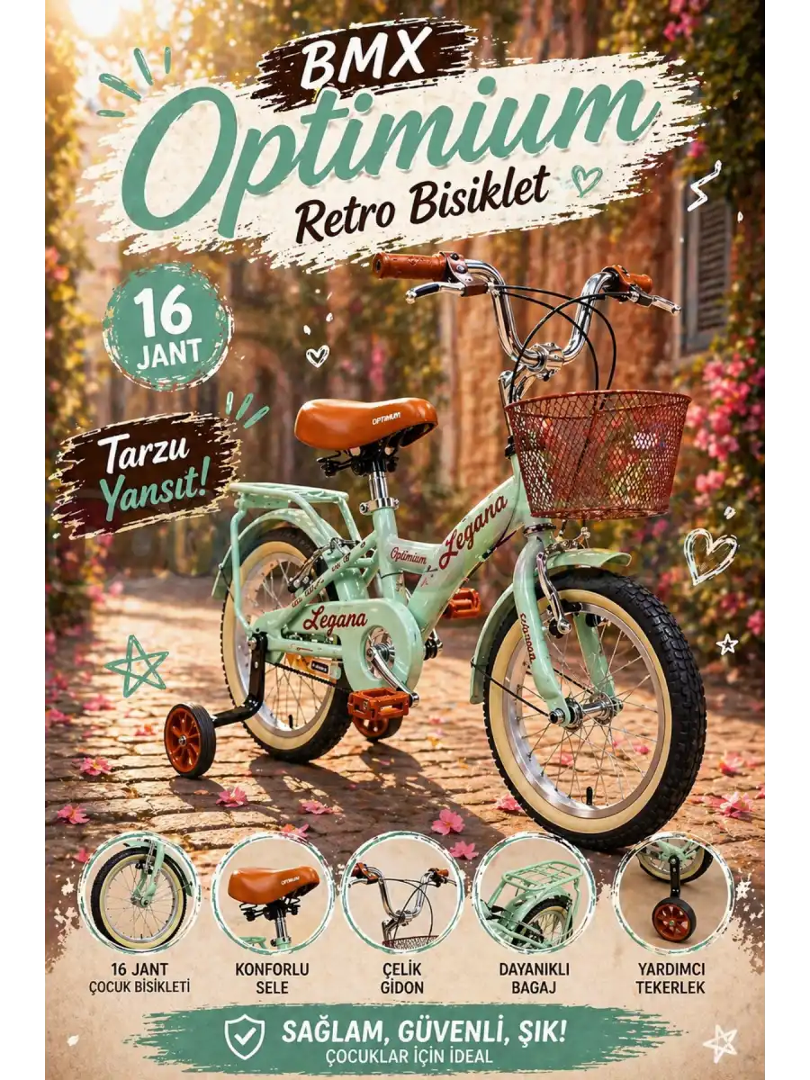 BMX Legano Optimum Series Retro 16 Jant Çocuk Bisikleti Yeşil - Legano 16 Jant Bisiklet Retro BMX Bisiklet