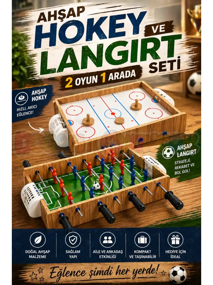 Ahşap Hokey ve Ahşap Langırt Seti - Ahşap Oyuncak - Futbol Oyuncakları - Top Oyuncak Langırt Setleri - Langırt Oyuncakları