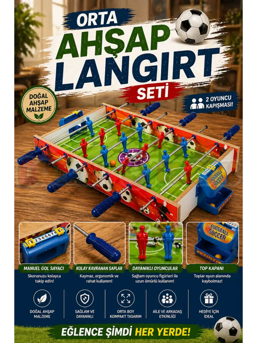 Orta Ahşap Langırt Seti - Ahşap Oyuncak - Futbol Oyuncakları - Top Oyuncak Langırt Setleri - Langırt Oyuncakları - Ahşap Masa Oyunu