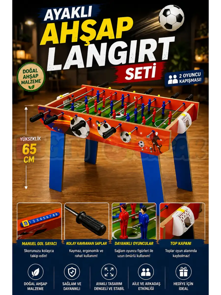 Ayaklı Ahşap Langırt Seti - Ahşap Oyuncak - Futbol Oyuncakları - Top Oyuncak Langırt Setleri - Langırt Oyuncakları - Ahşap Masa Oyunu