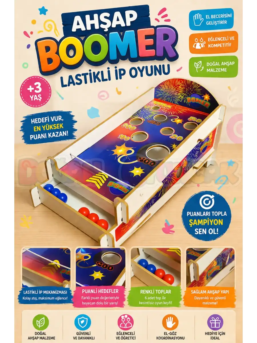 Ahşap Boomer Lastikli İp Oyunu - Pinball Oyunu - Deliğe Top Atma Oyunu - Pinbal Ahşap Oyuncak - Boomer Finger Oyunu