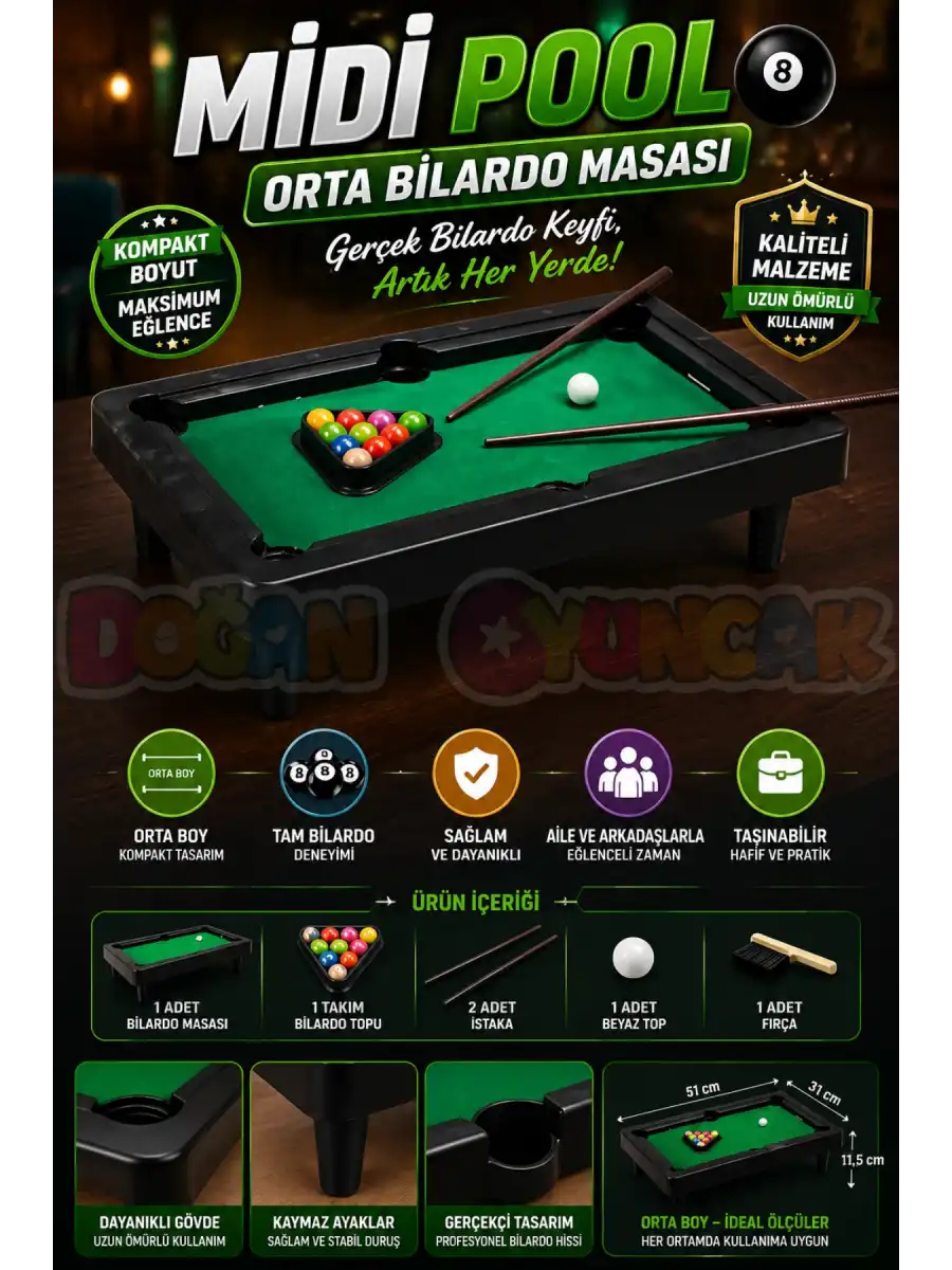 Midi Pool Orta Bilardo Masası - Bilardo Maçı - Bilardo Oyuncak - 8 Ball Oyunu - Büyük Bilardo Seti - Bilardo Oyuncağı