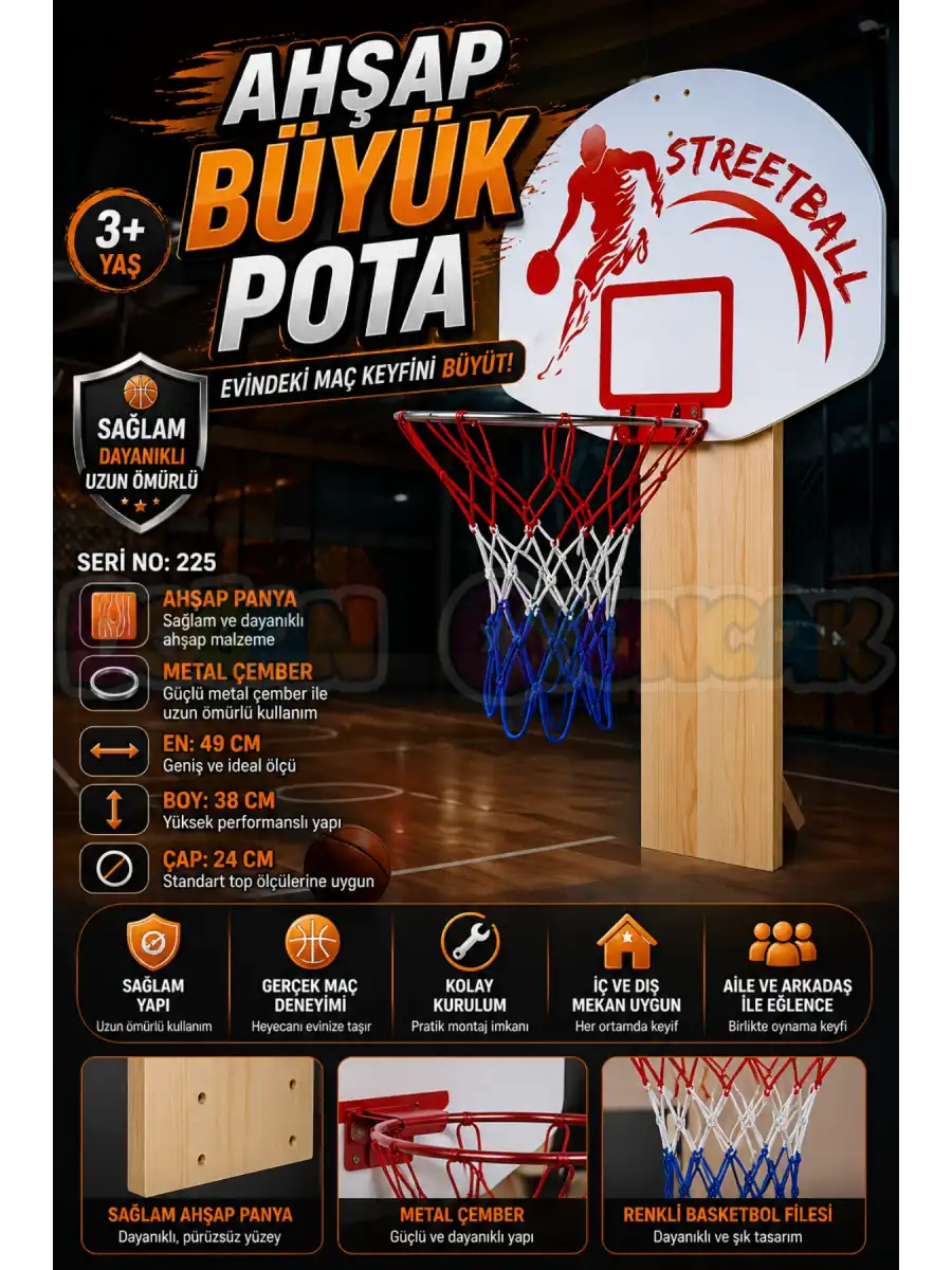 Ahşap Büyük Pota - Basketbol Maçı - Basketbol Oyuncak - Basket Oyunu - Büyük Pota Seti - Pota Oyuncağı