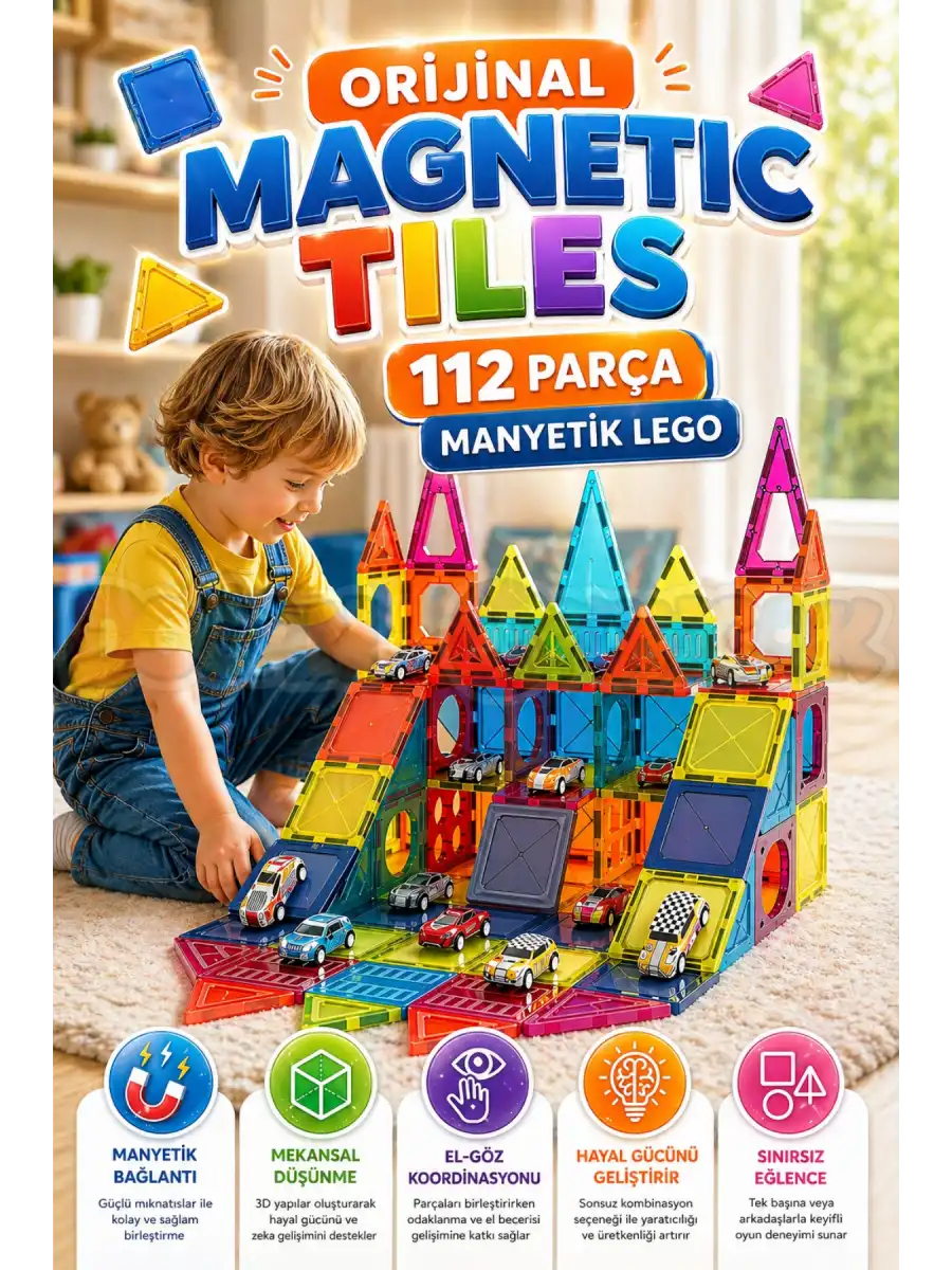 Orijinal Magnetic Tiles 112 Parça Manyetik Lego - Magnetic Magical Magnet - Mıknatıslı Lego
