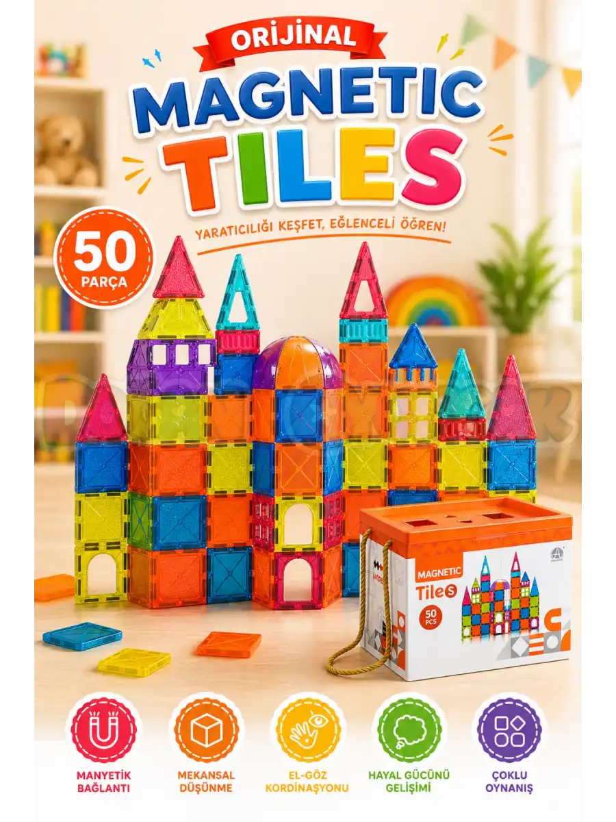 Orijinal Magnetic Tiles 50 Parça Manyetik Lego - Magnetic Magical Magnet - Mıknatıslı Lego
