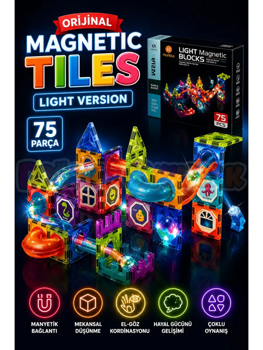 Orijinal Magnetic Tiles Light Version 75 Parça Işıklı Manyetik Lego - Magnetic Magical Işıklı Magnet - Ledli Mıknatıslı Lego