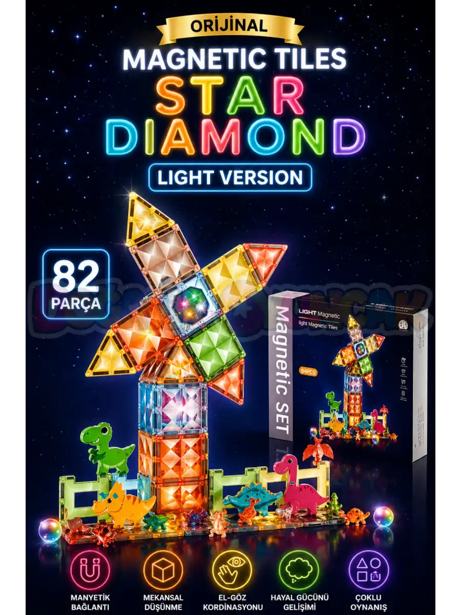 Orijinal Magnetic Tiles Star Diamond Light Version 82 Parça Işıklı Manyetik Lego - Mıknatıslı Lego Ledli Magnetic Işıklı Magnet