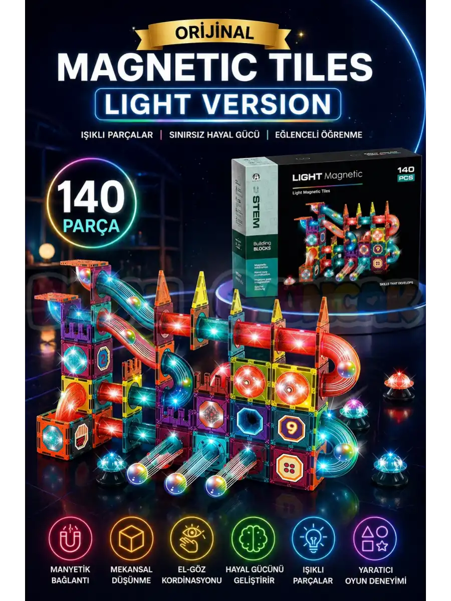 Orijinal Magnetic Tiles Light Version 140 Parça Işıklı Manyetik Lego - Magnetic Magical Işıklı Magnet - Ledli Mıknatıslı Lego