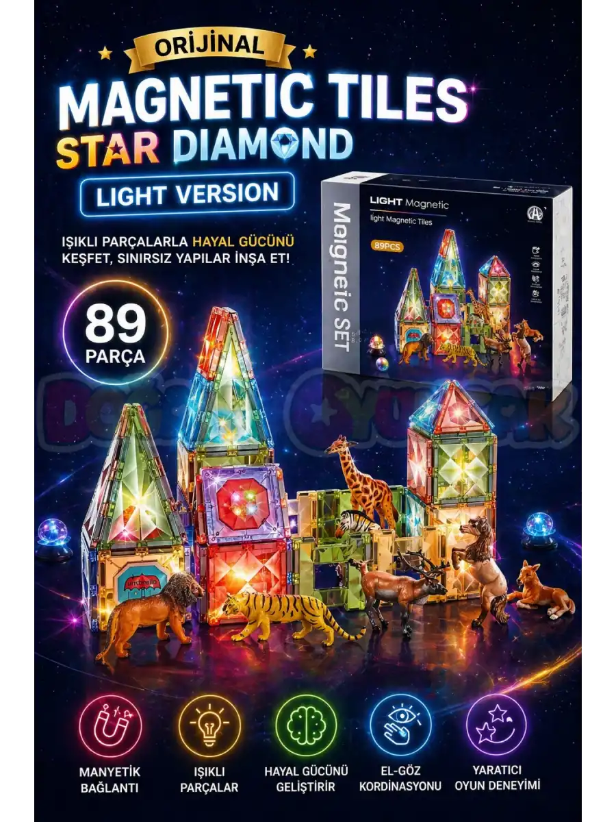 Orijinal Magnetic Tiles Star Diamond Light Version 89 Parça Işıklı Manyetik Lego - Mıknatıslı Lego Ledli Magnetic Işıklı Magnet