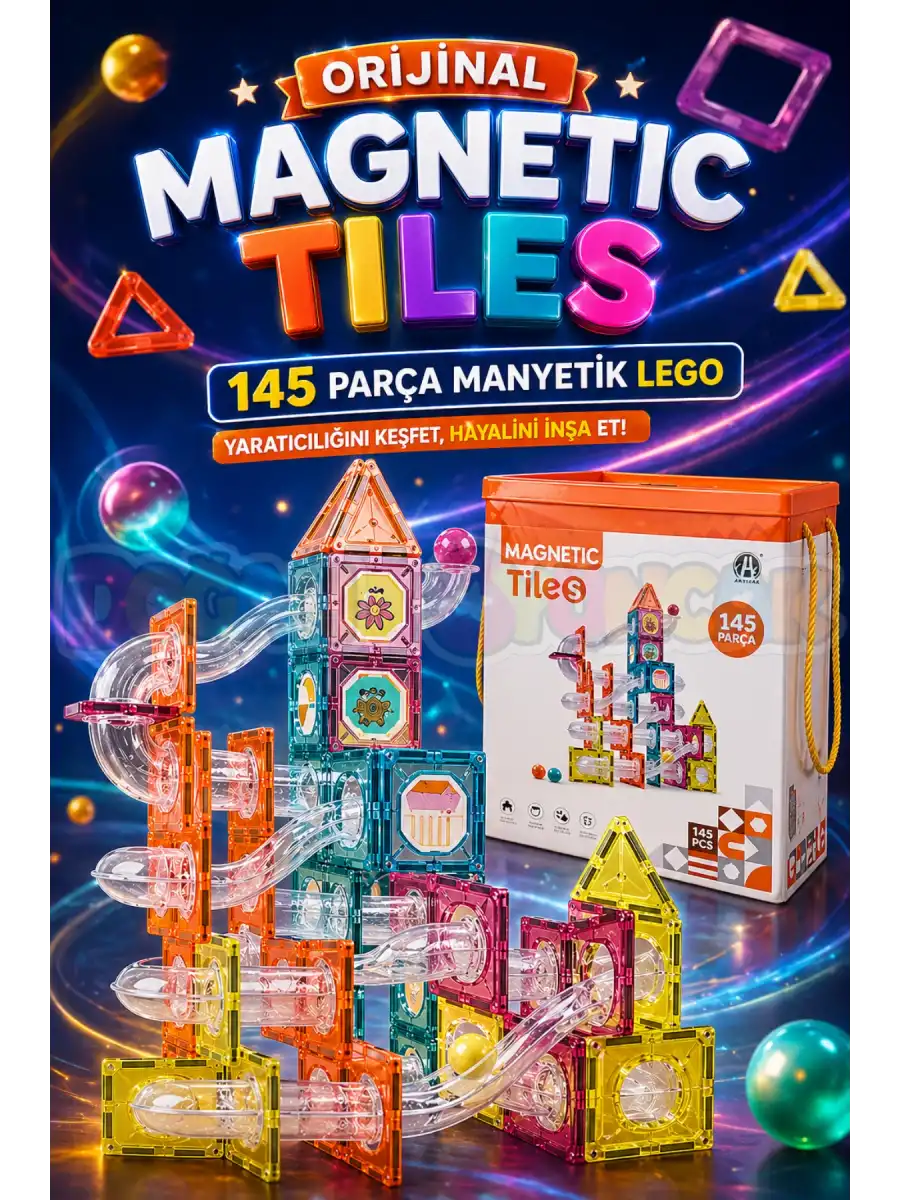 Orijinal Magnetic Tiles 145 Parça Manyetik Lego - Magnetic Magical Magnet - Mıknatıslı Lego