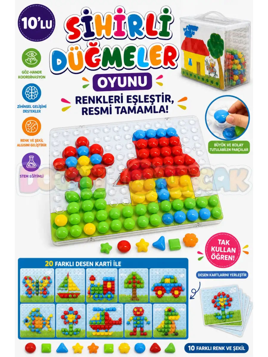 10lu Sihirli Düğmeler Oyunu - Oyuncak Sihir Düğmeler - Renkleri Yerine Yerleştirme Oyunu Resim Oyunu