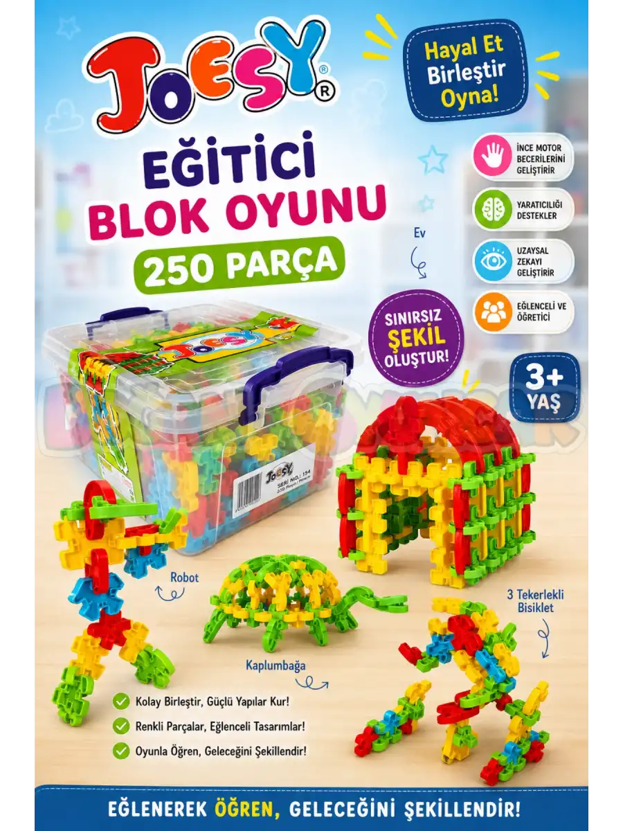 Joesy Eğitici Blok Oyunu 250 Parça - Oyuncak Lego Seti - Birbirine Geçmeli STEM Lego Seti - Eğitici Oyuncak