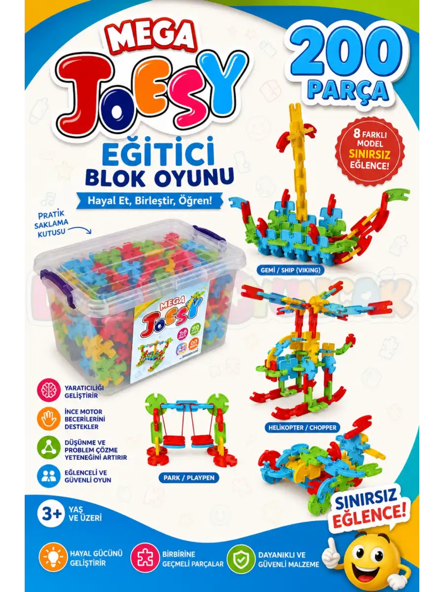 Mega Joesy Eğitici Blok Oyunu 200 Parça - Oyuncak Lego Seti - Birbirine Geçmeli STEM Lego Seti - Eğitici Oyuncak