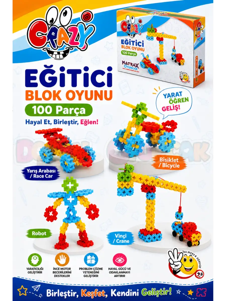 Crazy Eğitici Blok Oyunu 100 Parça - Oyuncak Lego Seti - Birbirine Geçmeli STEM Lego Seti - Eğitici Oyuncak