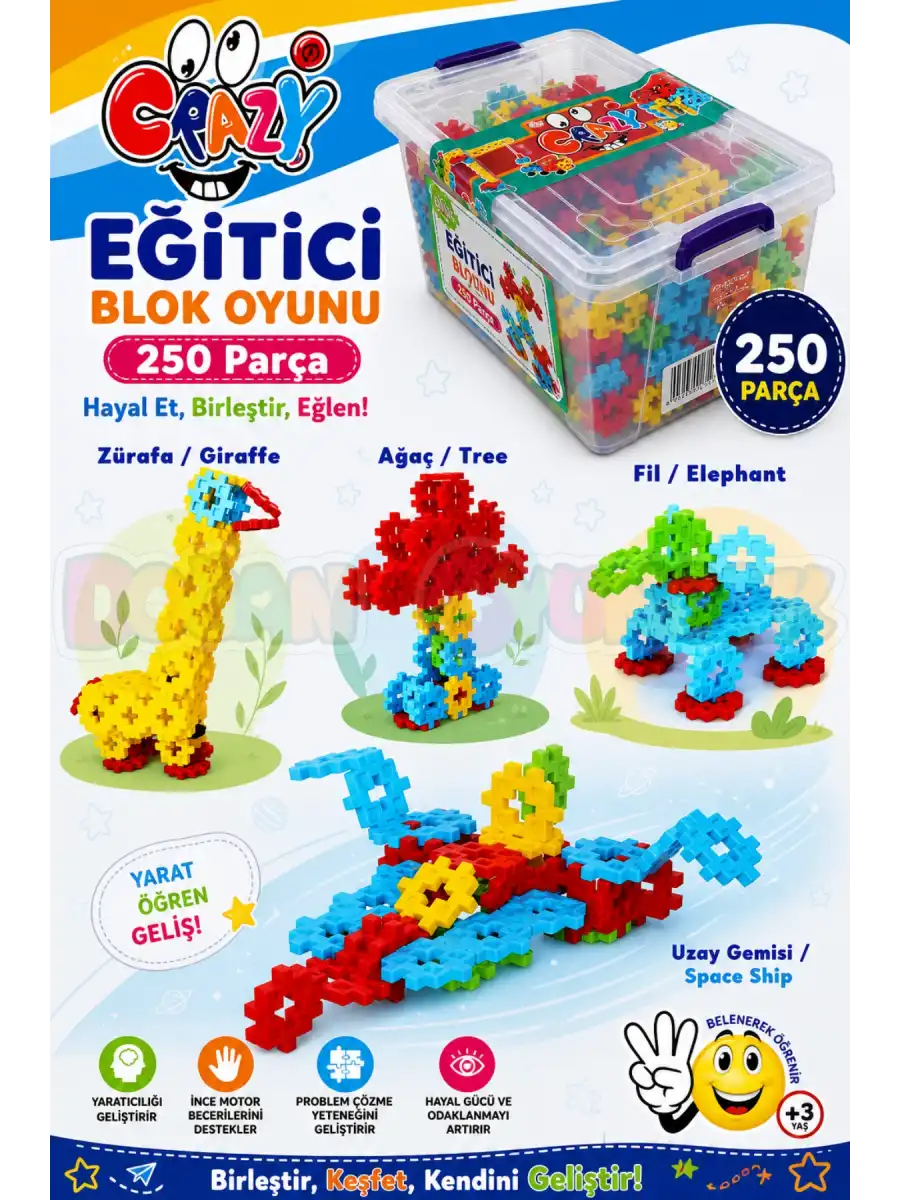 Crazy Eğitici Blok Oyunu 250 Parça - Oyuncak Lego Seti - Birbirine Geçmeli STEM Lego Seti - Eğitici Oyuncak