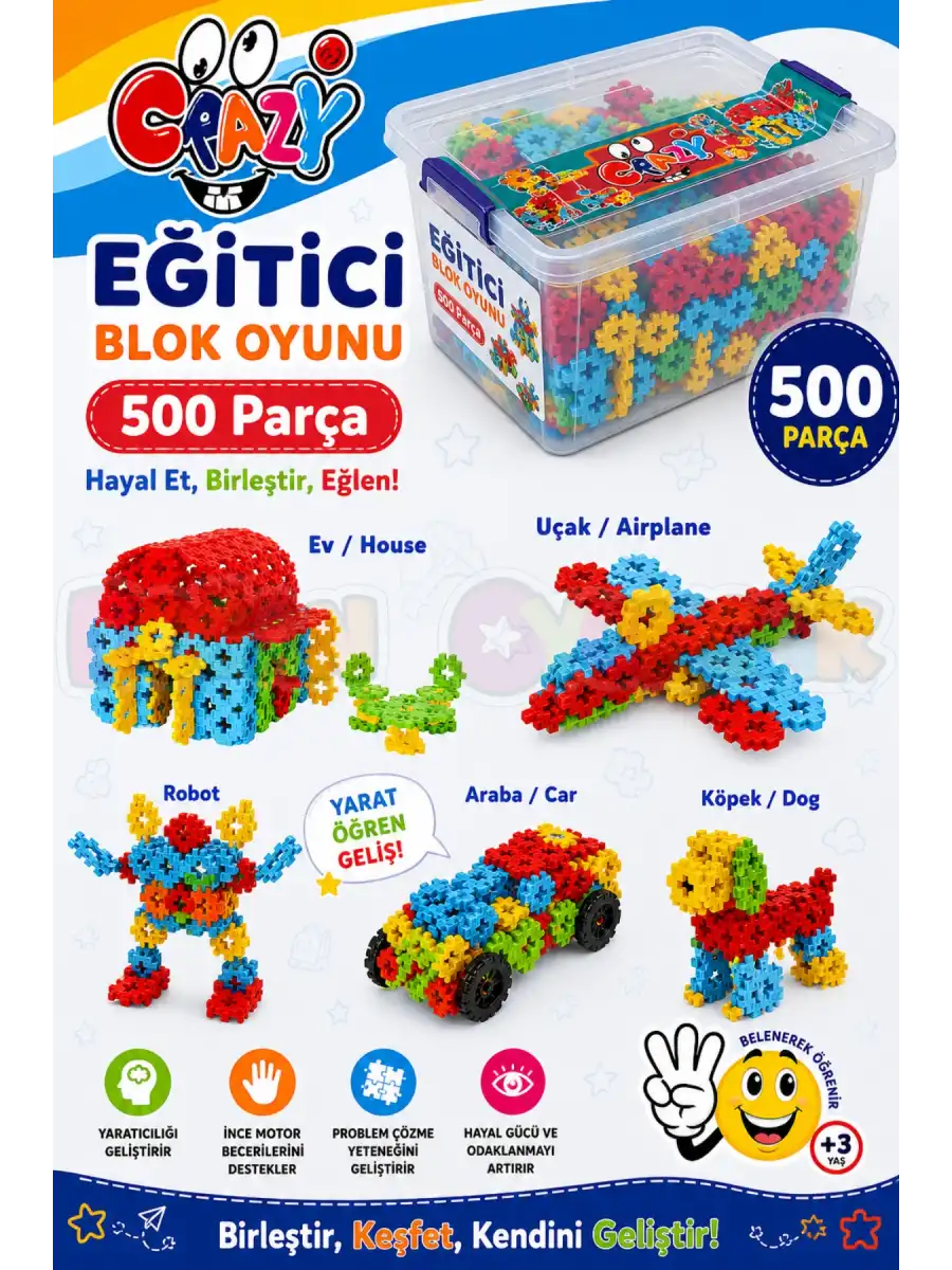 Crazy Eğitici Blok Oyunu 500 Parça - Oyuncak Lego Seti - Birbirine Geçmeli STEM Lego Seti - Eğitici Oyuncak