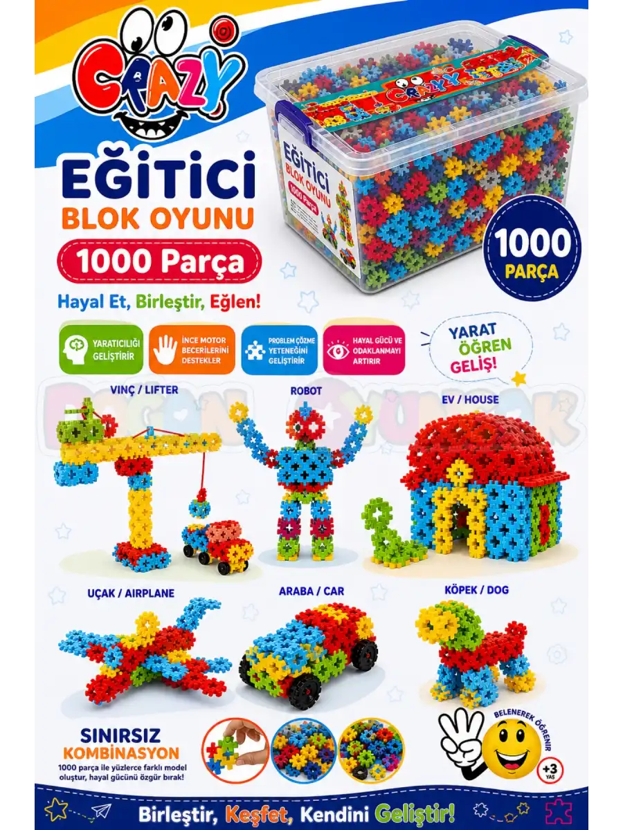 Crazy Eğitici Blok Oyunu 1000 Parça - Oyuncak Lego Seti - Birbirine Geçmeli STEM Lego Seti - Eğitici Oyuncak