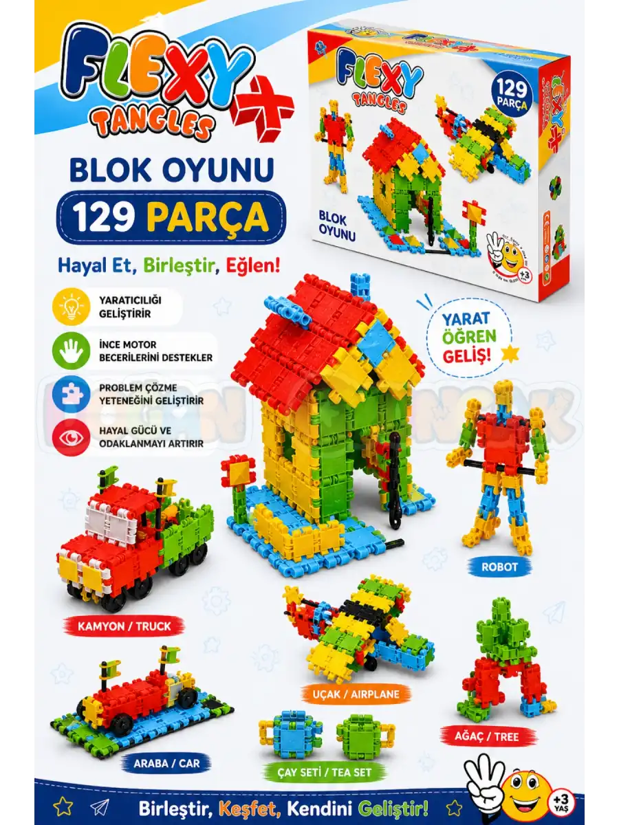 Flexy Tangles Blok Oyunu 129 Parça - Oyuncak Lego Seti - Birbirine Geçmeli STEM Lego Seti - Eğitici Oyuncak