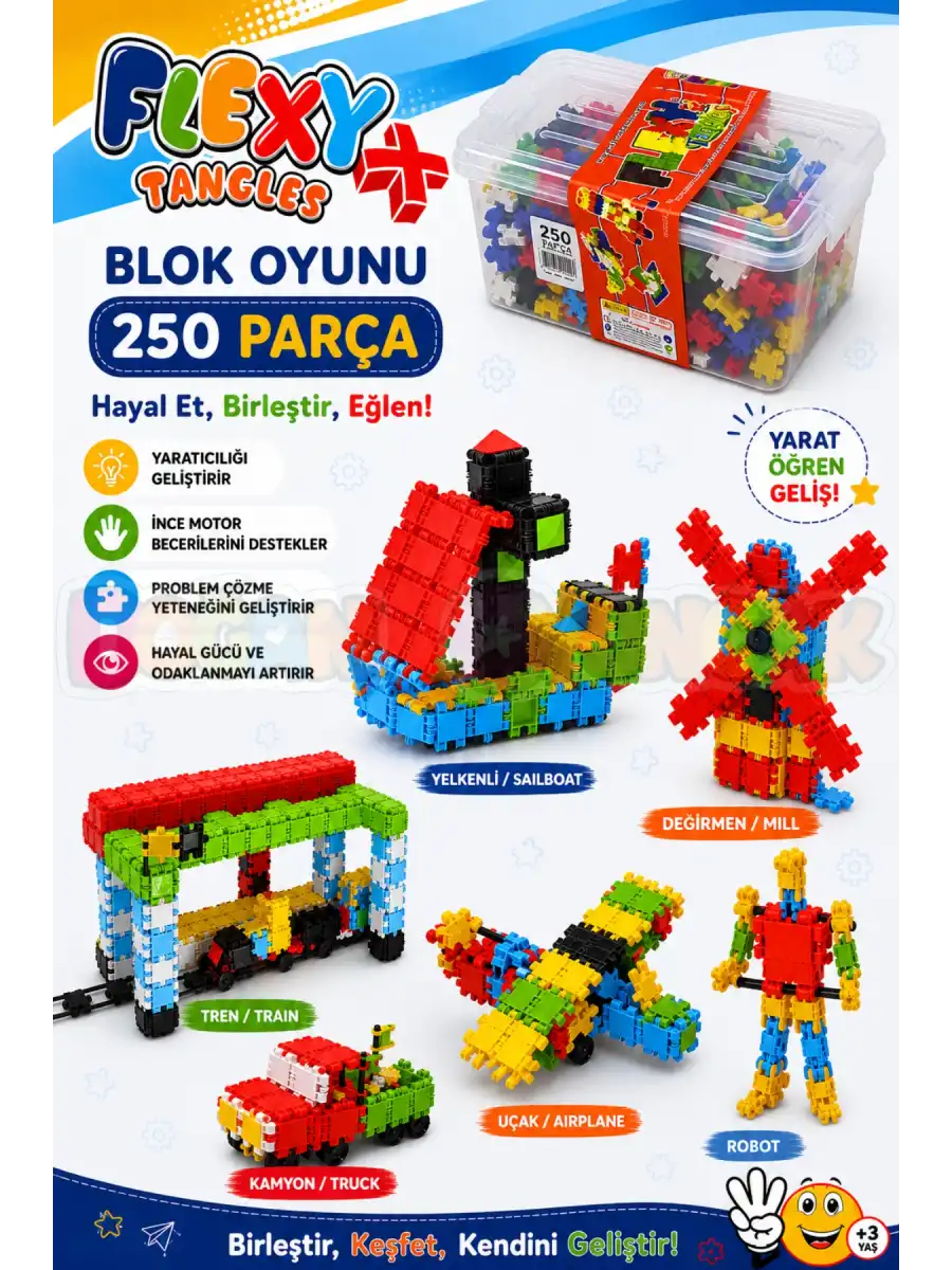 Flexy Tangles Blok Oyunu 250 Parça - Oyuncak Lego Seti - Birbirine Geçmeli STEM Lego Seti - Eğitici Oyuncak