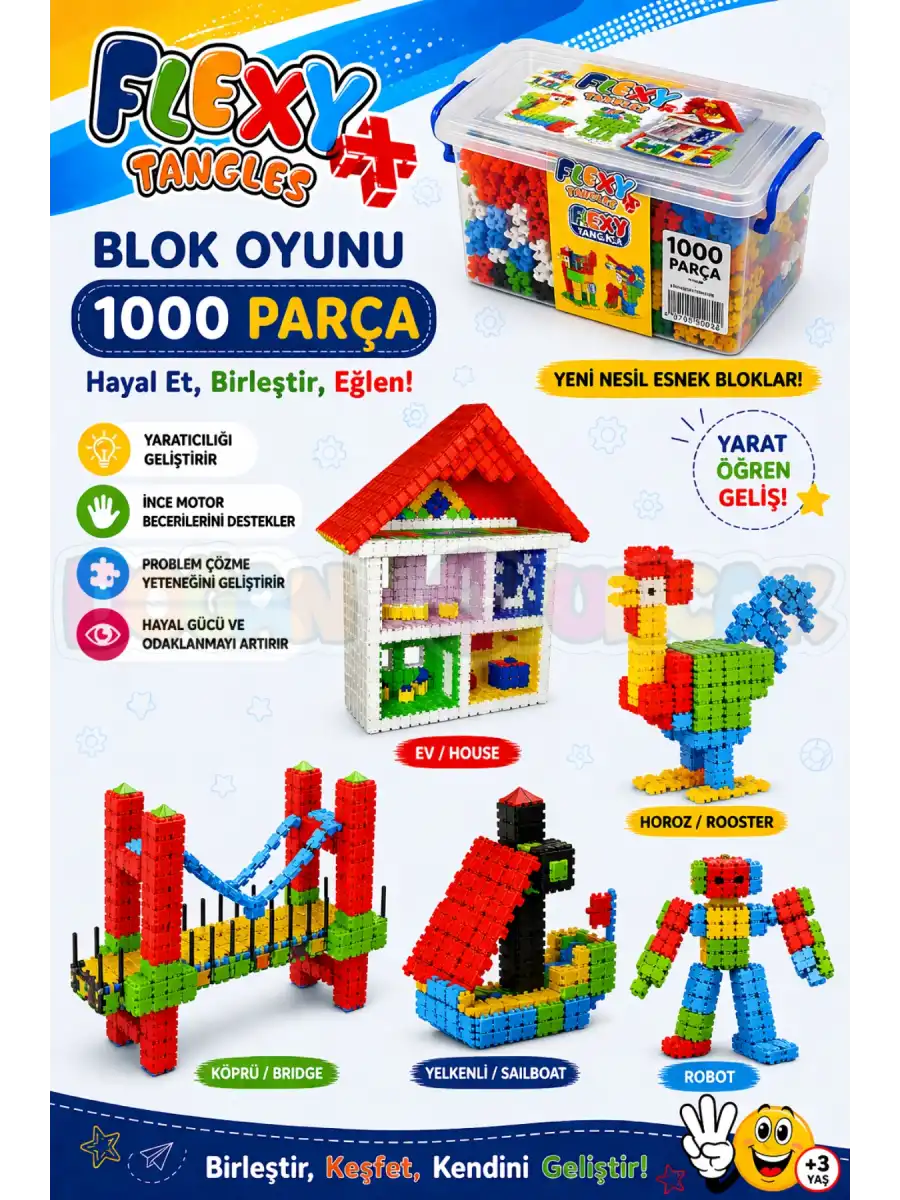 Flexy Tangles Blok Oyunu 1000 Parça - Oyuncak Lego Seti - Birbirine Geçmeli STEM Lego Seti - Eğitici Oyuncak