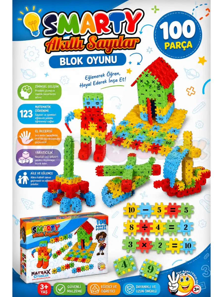 Smarty - Akıllı Sayılar Blok Oyunu 100 Parça - Oyuncak Lego Seti - Birbirine Geçmeli STEM Lego Seti - Eğitici Oyuncak