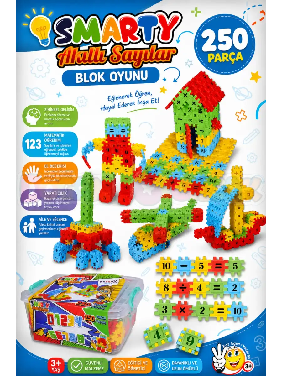 Smarty - Akıllı Sayılar Blok Oyunu 250 Parça - Oyuncak Lego Seti - Birbirine Geçmeli STEM Lego Seti - Eğitici Oyuncak