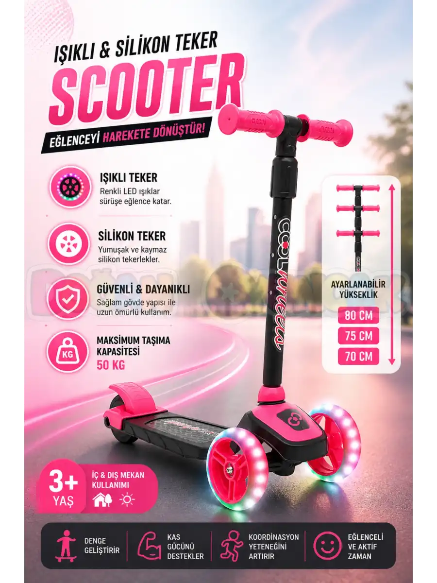 Cool Wheels Pembe Twist Işıklı 3 Tekerlekli Scooter - Işıklı Scooter - CoolWheels Scooter - Çocuk Scooter - İttir Git