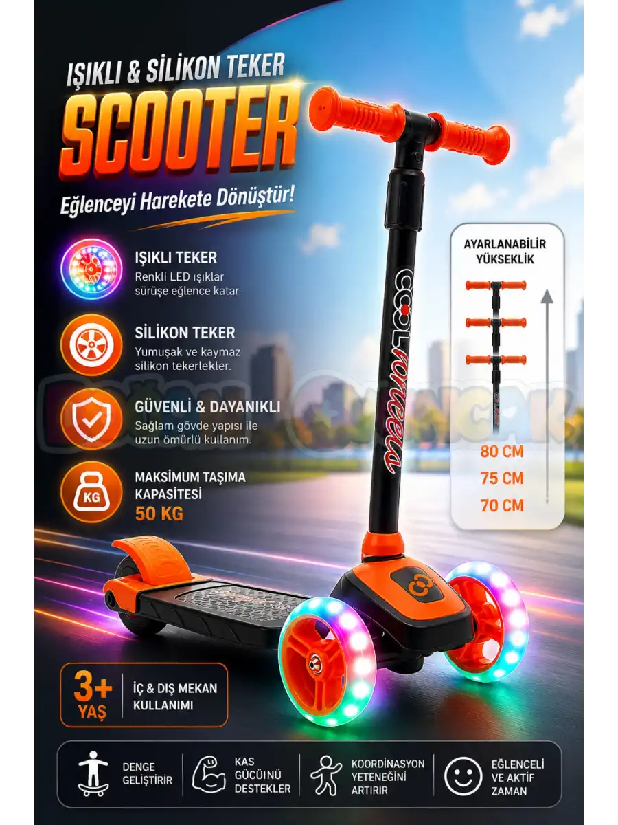 Cool Wheels Turuncu Twist Işıklı 3 Tekerlekli Scooter - Işıklı Scooter - CoolWheels Scooter - Çocuk Scooter - İttir Git
