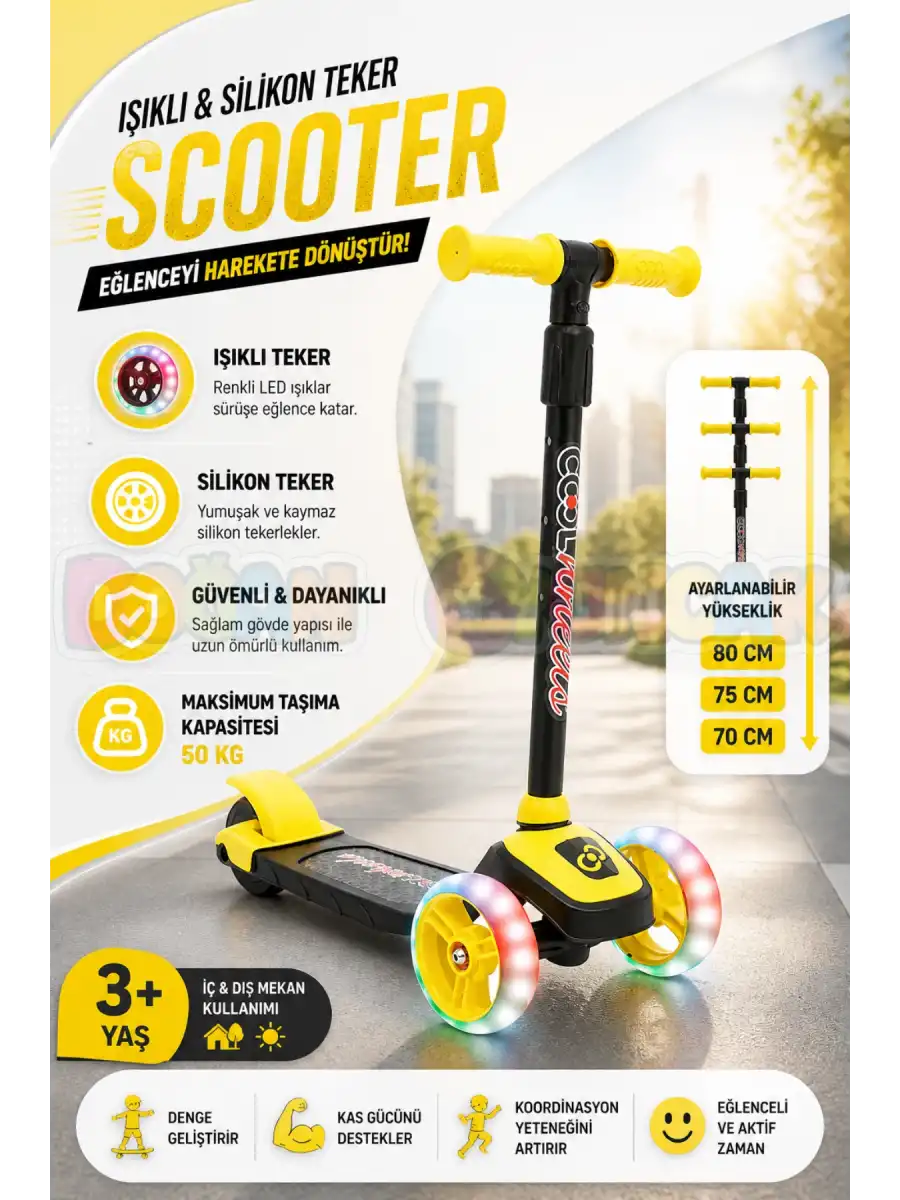 Cool Wheels Sarı Twist Işıklı 3 Tekerlekli Scooter - Işıklı Scooter - CoolWheels Scooter - Çocuk Scooter - İttir Git