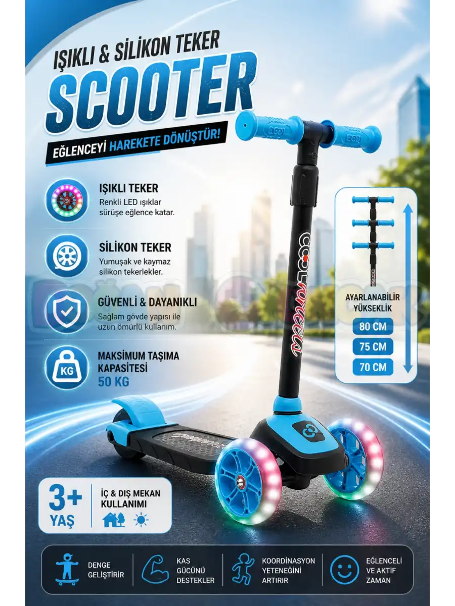 Cool Wheels Mavi Twist Işıklı 3 Tekerlekli Scooter - Işıklı Scooter - CoolWheels Scooter - Çocuk Scooter - İttir Git