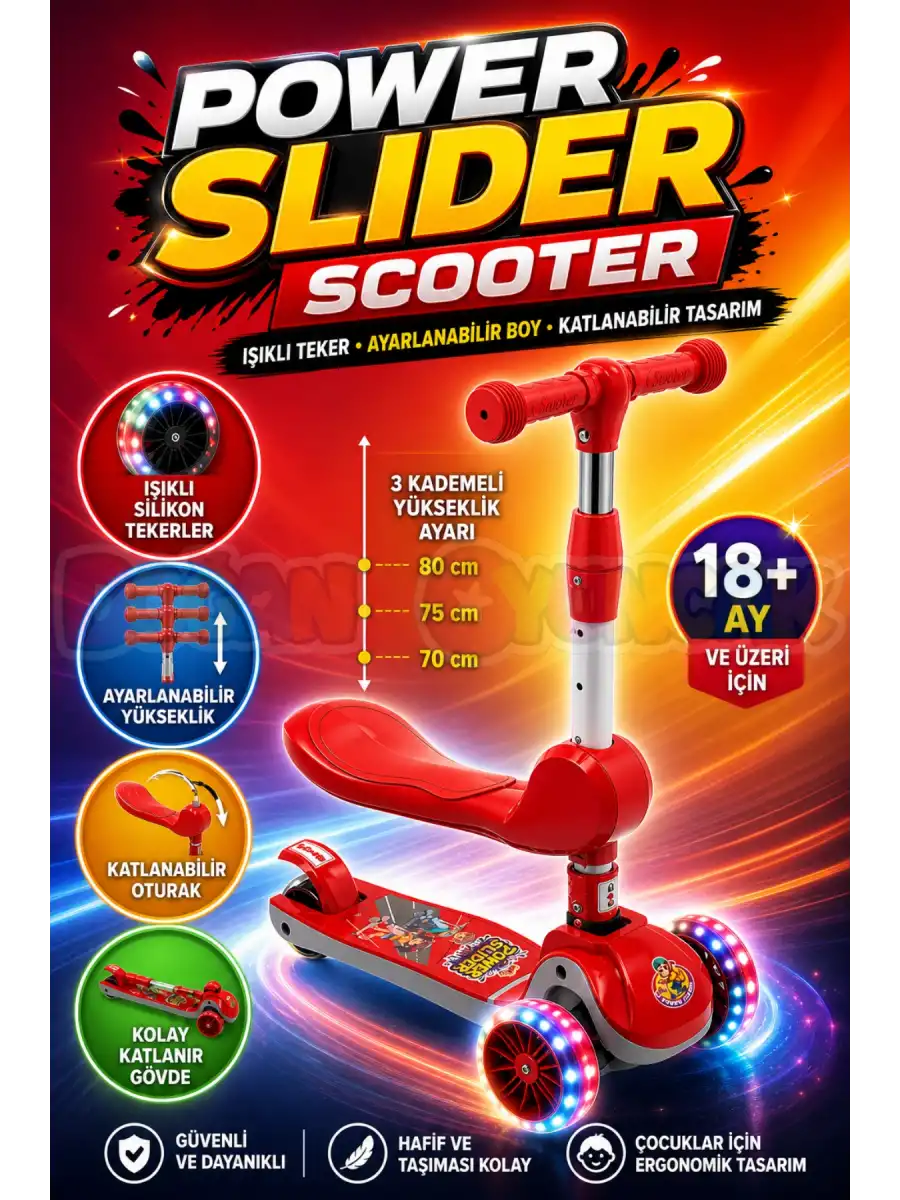Power Slider Kırmızı Katlanabilir 3 Tekerlekli Oturaklı Scooter - Işıklı Scooter - Çocuk Scooter