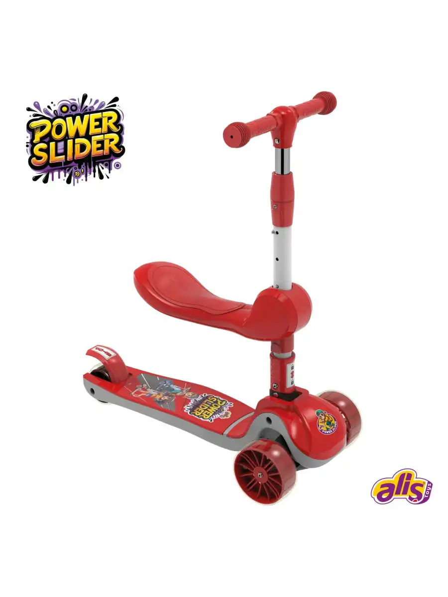 Power Slider Kırmızı Katlanabilir 3 Tekerlekli Oturaklı Scooter - Işıklı Scooter - Çocuk Scooter