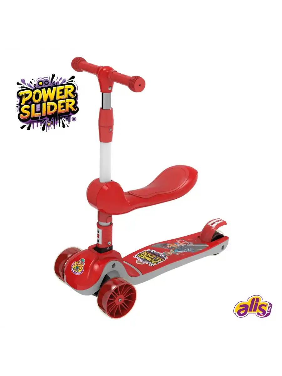 Power Slider Kırmızı Katlanabilir 3 Tekerlekli Oturaklı Scooter - Işıklı Scooter - Çocuk Scooter