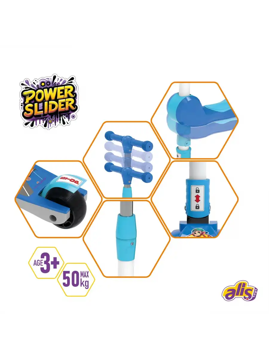 Power Slider Mavi Katlanabilir 3 Tekerlekli Oturaklı Scooter - Işıklı Scooter - Çocuk Scooter