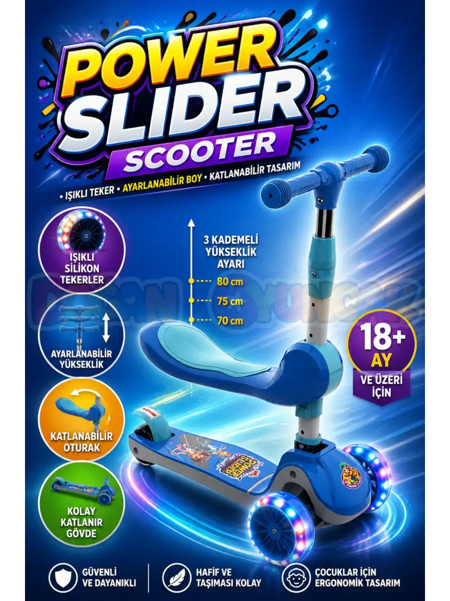 Power Slider Mavi Katlanabilir 3 Tekerlekli Oturaklı Scooter - Işıklı Scooter - Çocuk Scooter